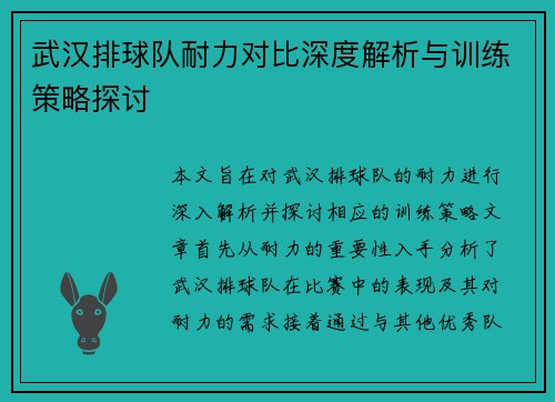 武汉排球队耐力对比深度解析与训练策略探讨